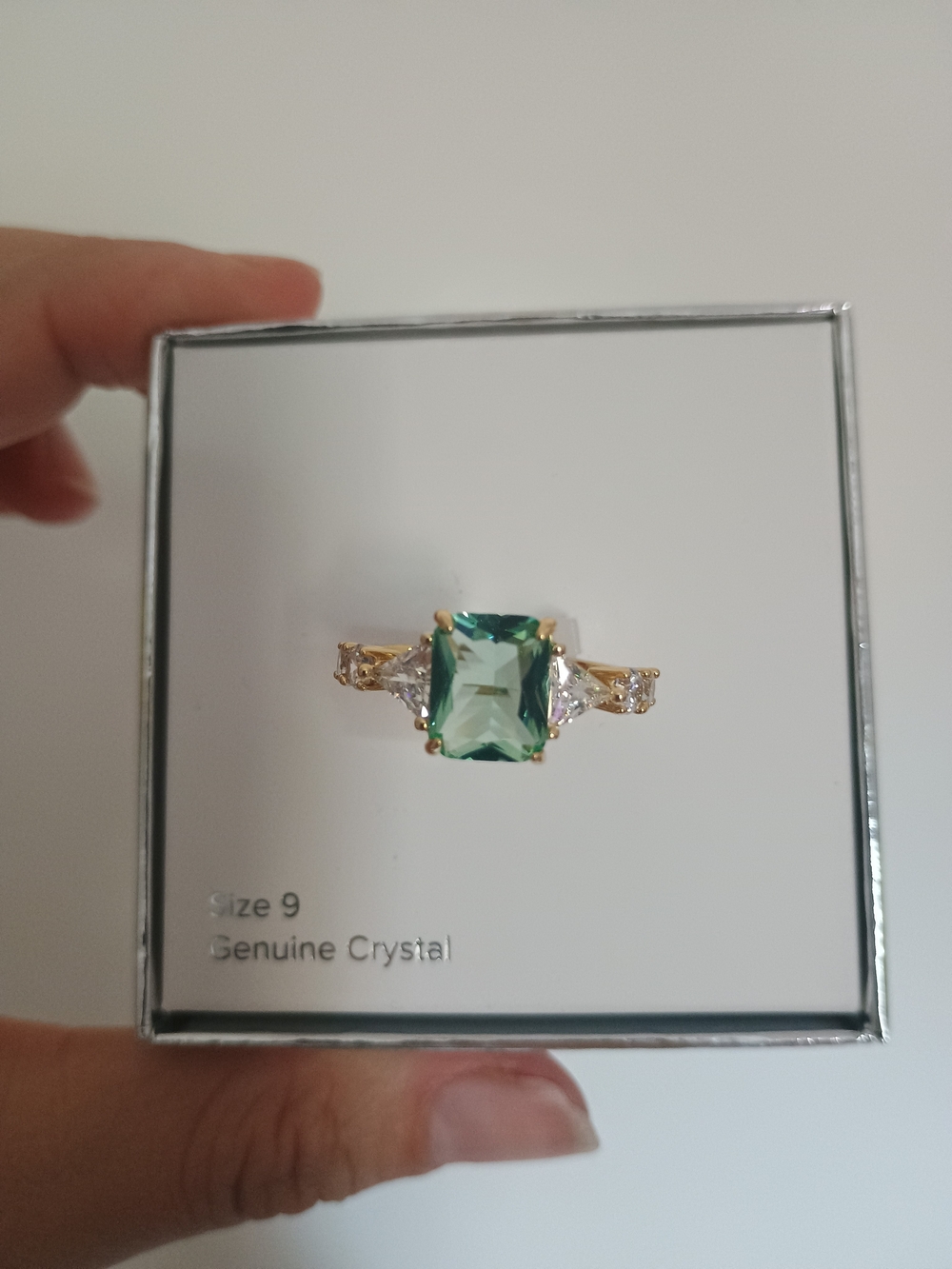 Green Crystal Gold-Tone Ring - Size 9